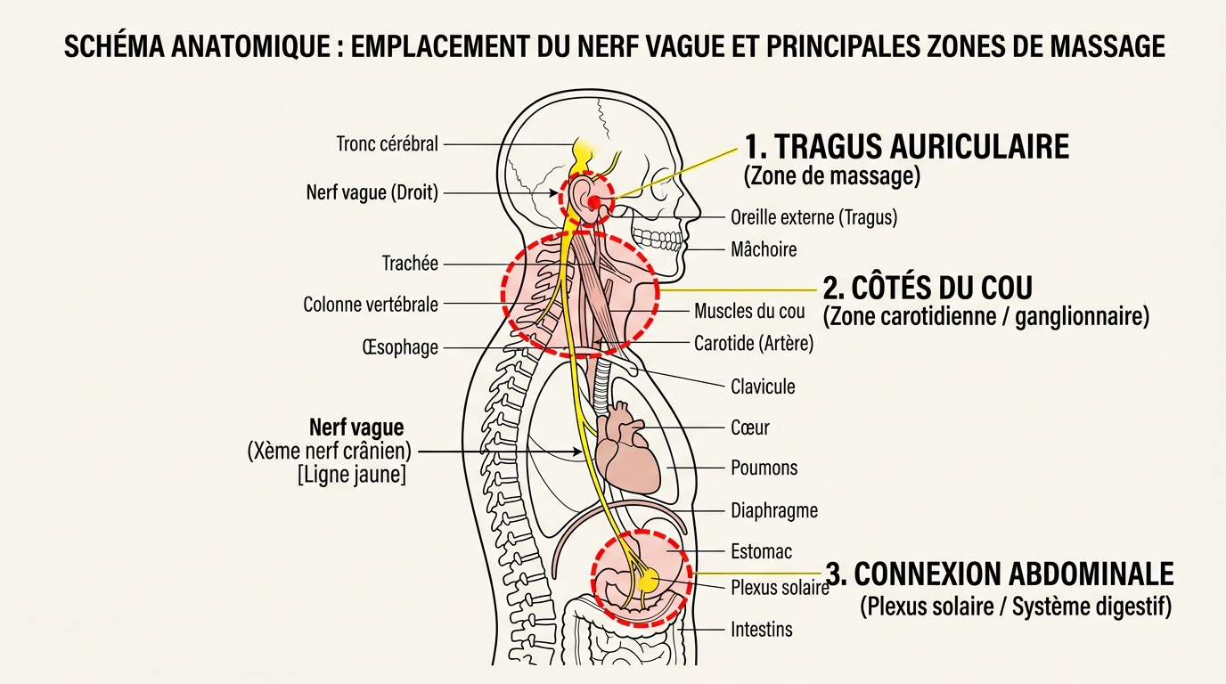 Schéma anatomique nerf vague zones massage cou oreilles