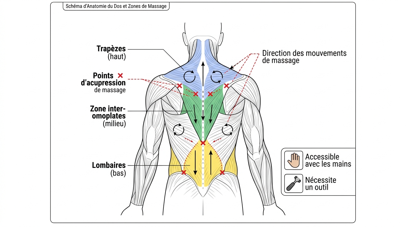 Schéma des zones du dos accessibles en auto massage avec points d'acupression