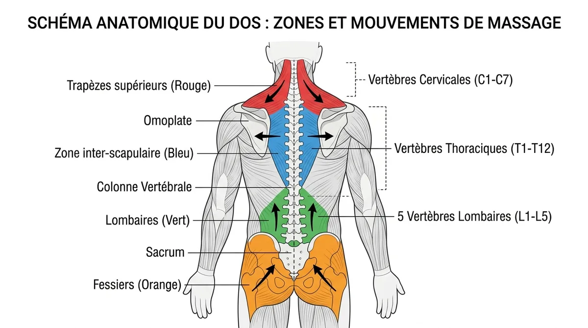 Schéma anatomique zones dos à masser trapèzes lombaires inter-scapulaire