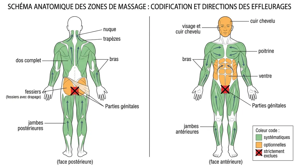 Schéma zones massage californien corps face avant et arrière