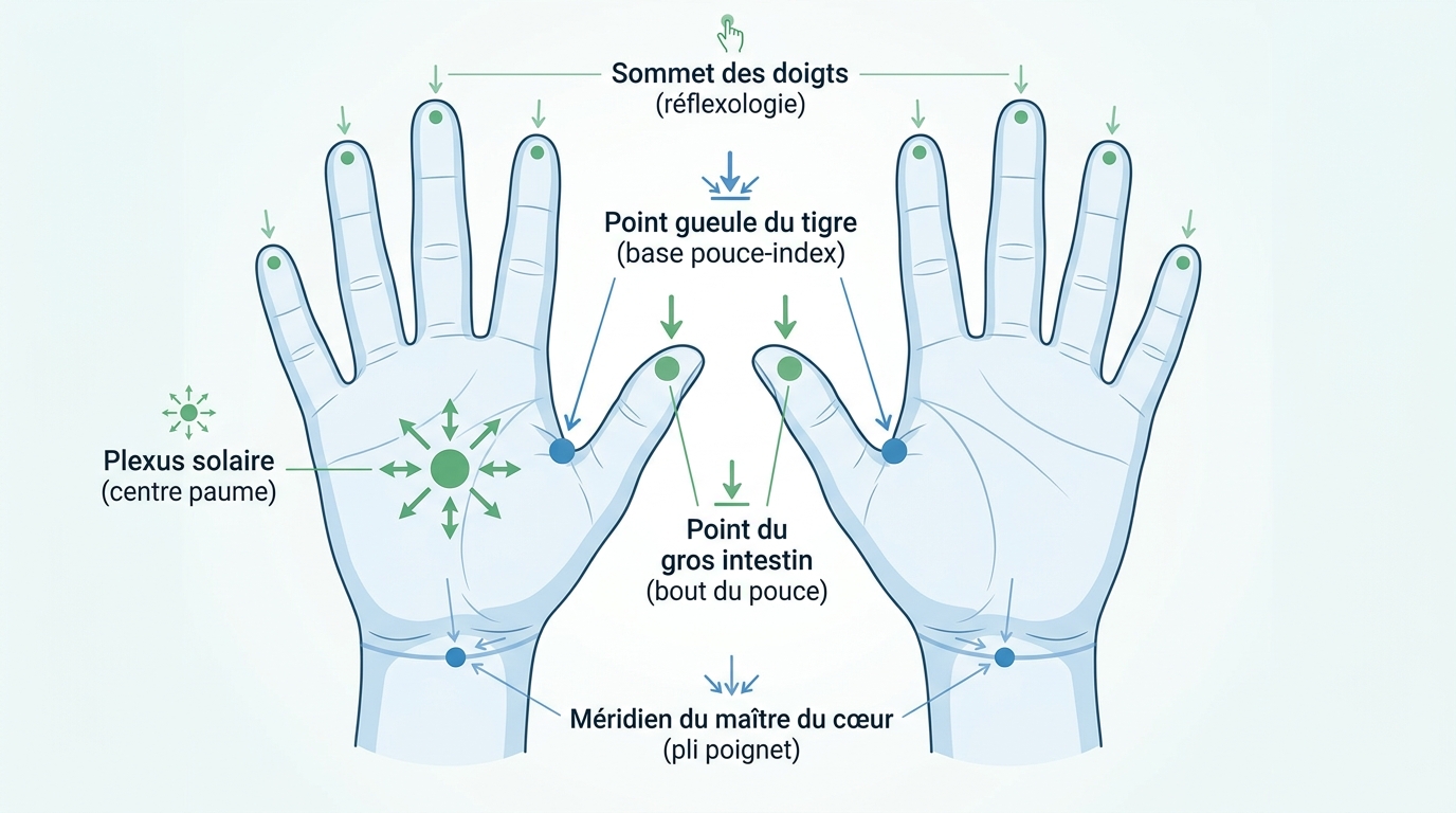 Schéma zones réflexes mains auto massage points pression