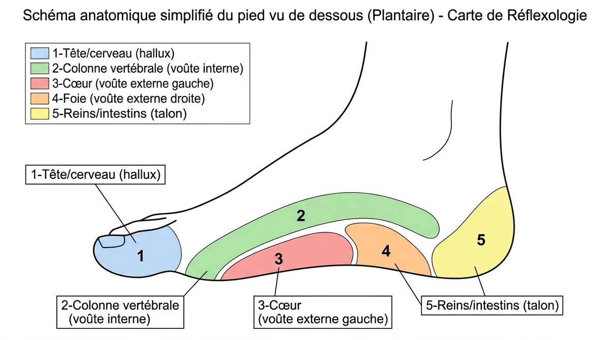 Schéma zones réflexes pied gauche et droit avec correspondance organes