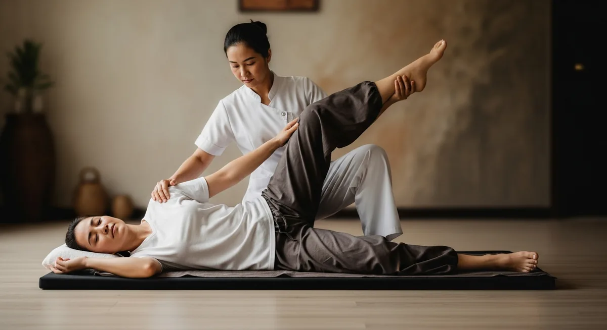 Séance massage thaï traditionnel praticien étirement
