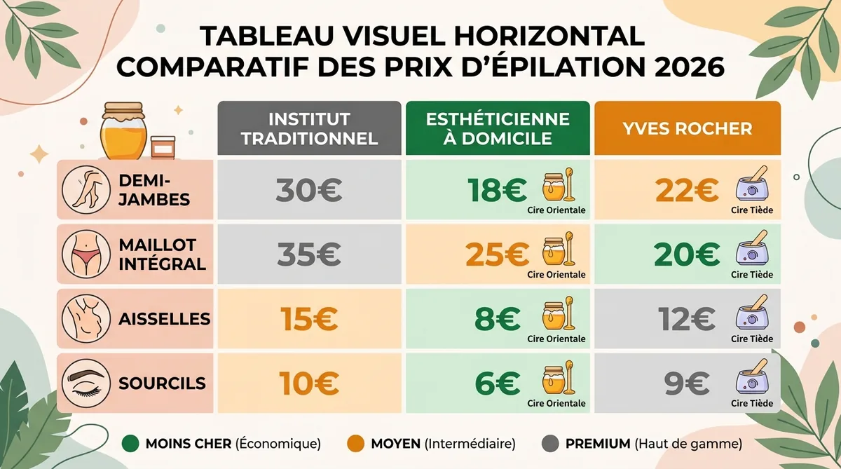 Tableau comparatif prix épilation institut domicile Yves Rocher 2026