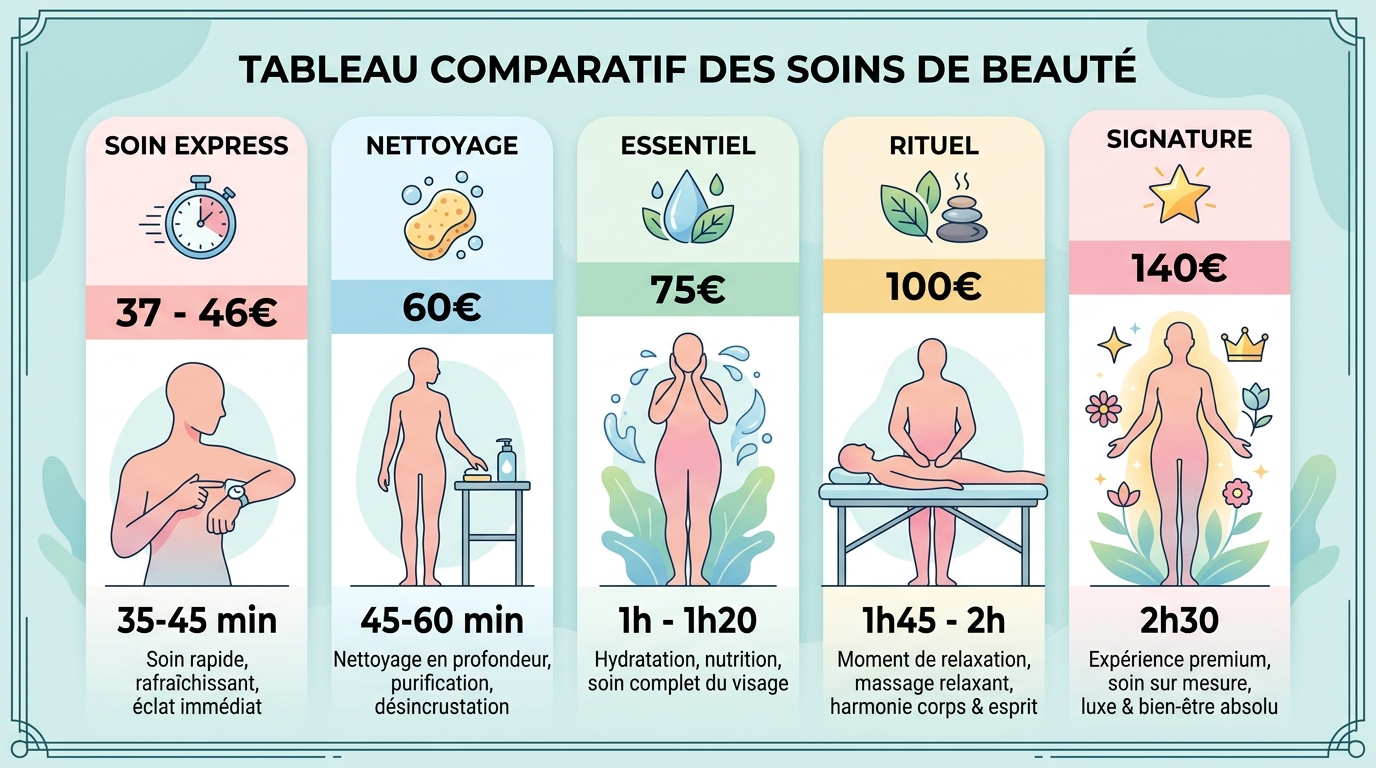 Tableau comparatif prix soin visage par durée et type de soin