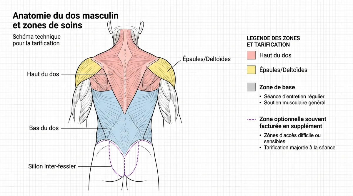 Schéma zones anatomiques dos homme tarification épilation