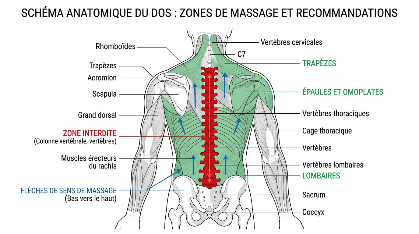 Schéma zones massage dos anatomie lombaires omoplates