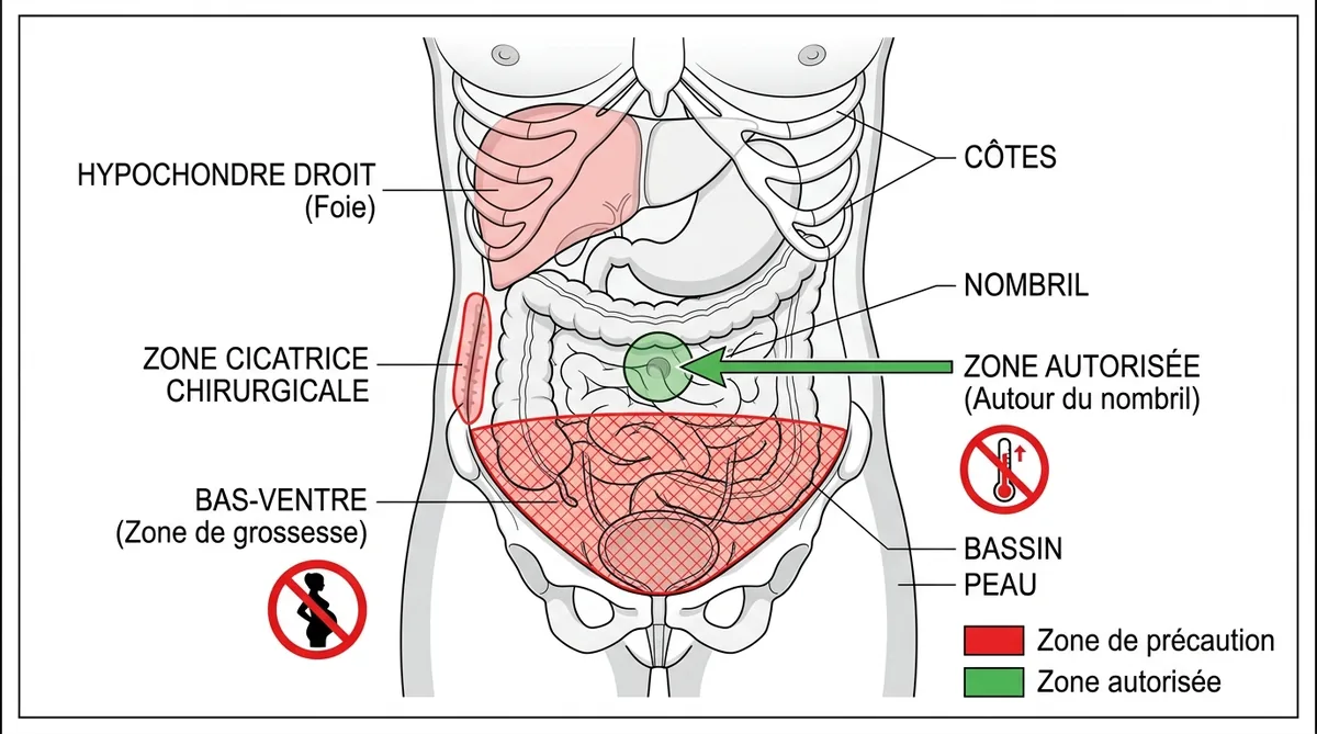 Schéma zones précaution massage abdominal Chi Nei Tsang contre-indications
