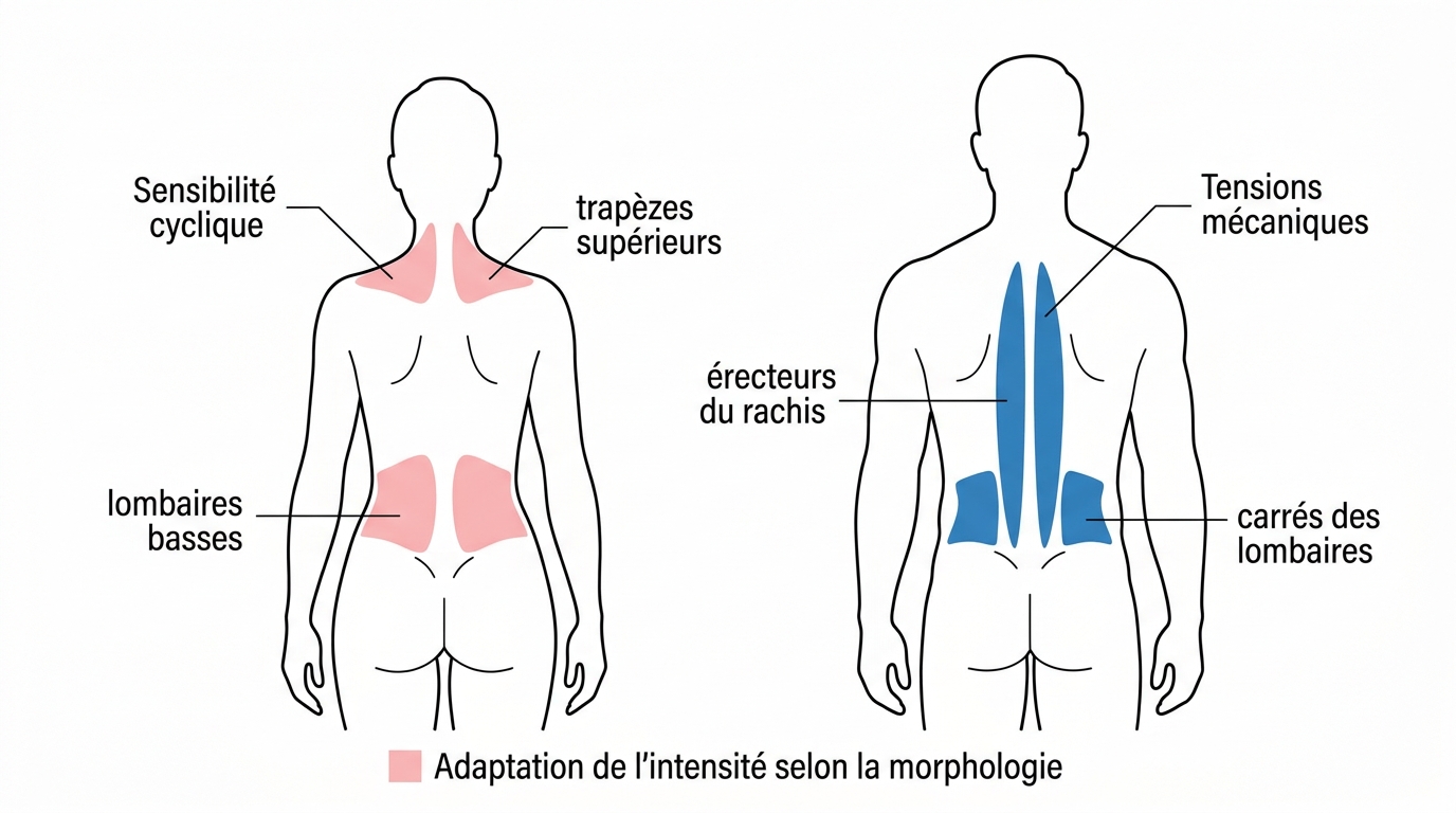 Différences zones tension dos femme et homme pour auto massage adapté