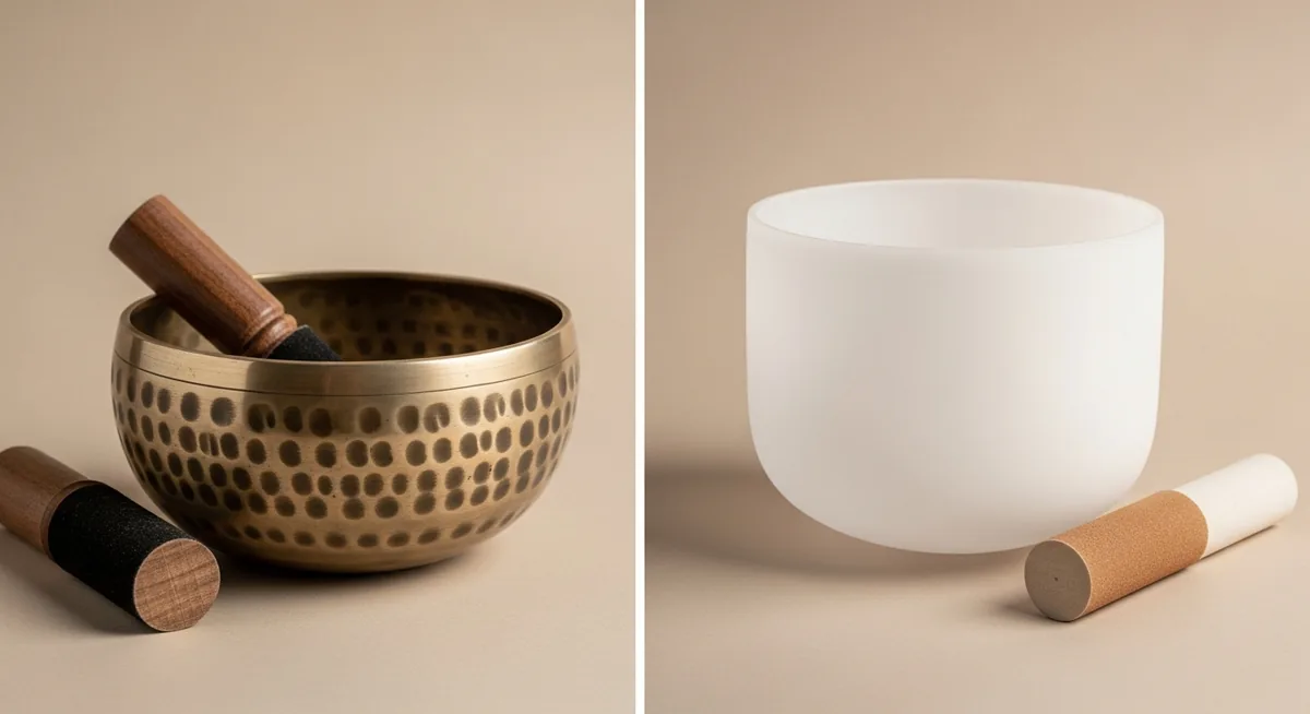 Comparaison bol tibétain métal traditionnel versus bol cristal de quartz