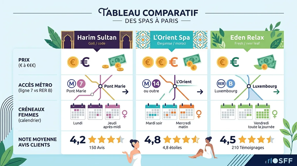 Comparatif visuel des 3 hammams d'Aubervilliers : tarifs et accès