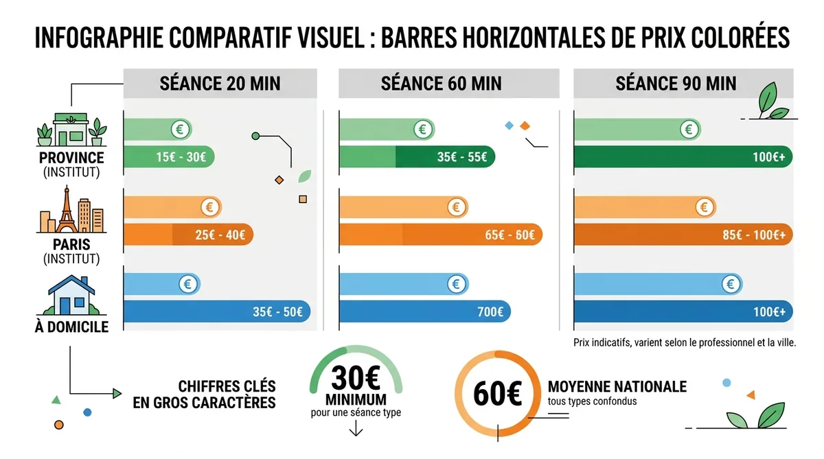 Infographie comparatif prix massage pieds 2026 Paris province domicile