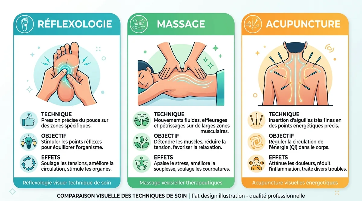 Différence réflexologie massage acupuncture comparatif visuel