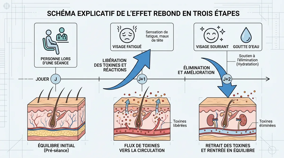 Schéma explication effet rebond réflexologie plantaire timeline 48h