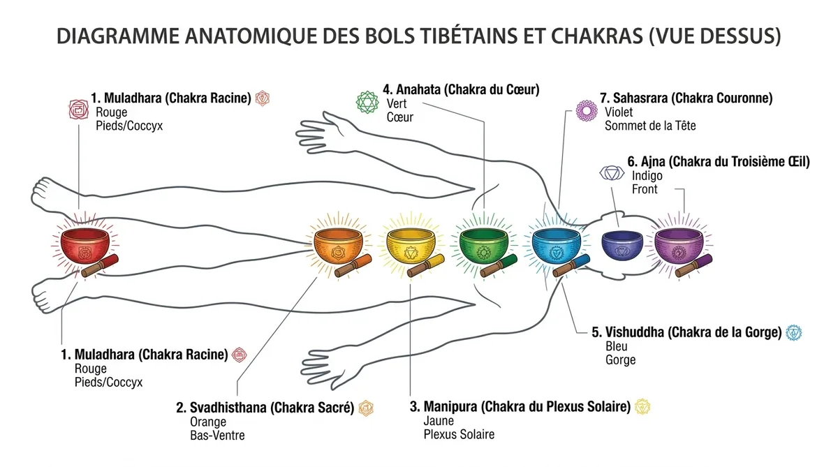 Schéma positionnement bols tibétains sur les 7 chakras du corps