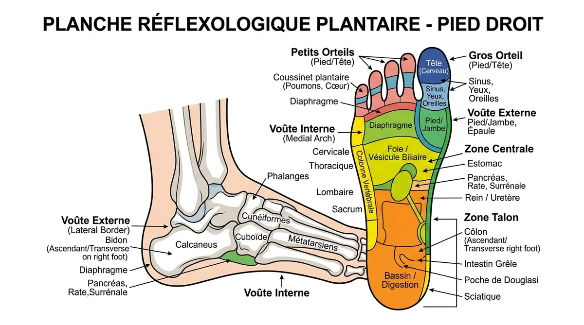 Schéma zones réflexes plantaires correspondance organes corps