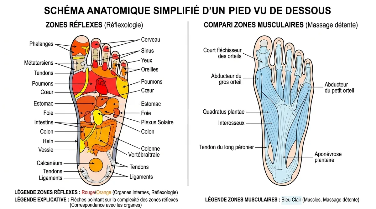 Schéma zones réflexes pied réflexologie versus massage détente