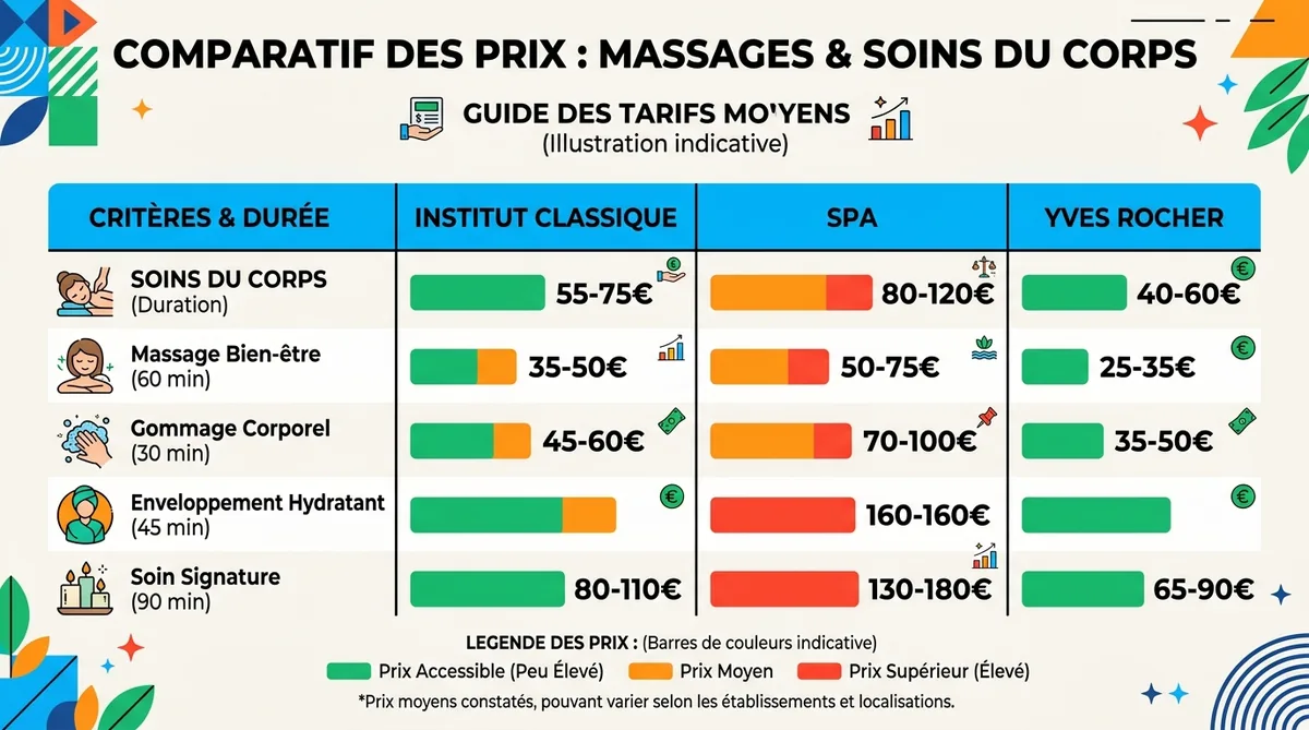 Tableau comparatif prix massage dos 2026 par durée et enseigne