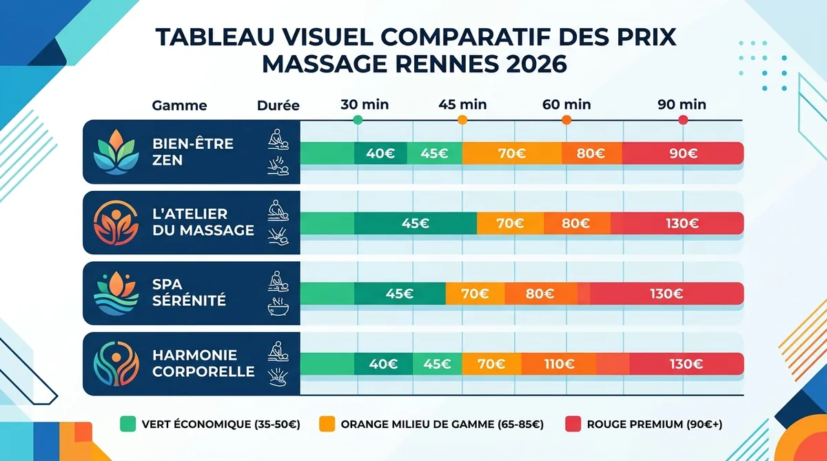 Tableau comparatif tarifs massage Rennes 2026 par durée et gamme