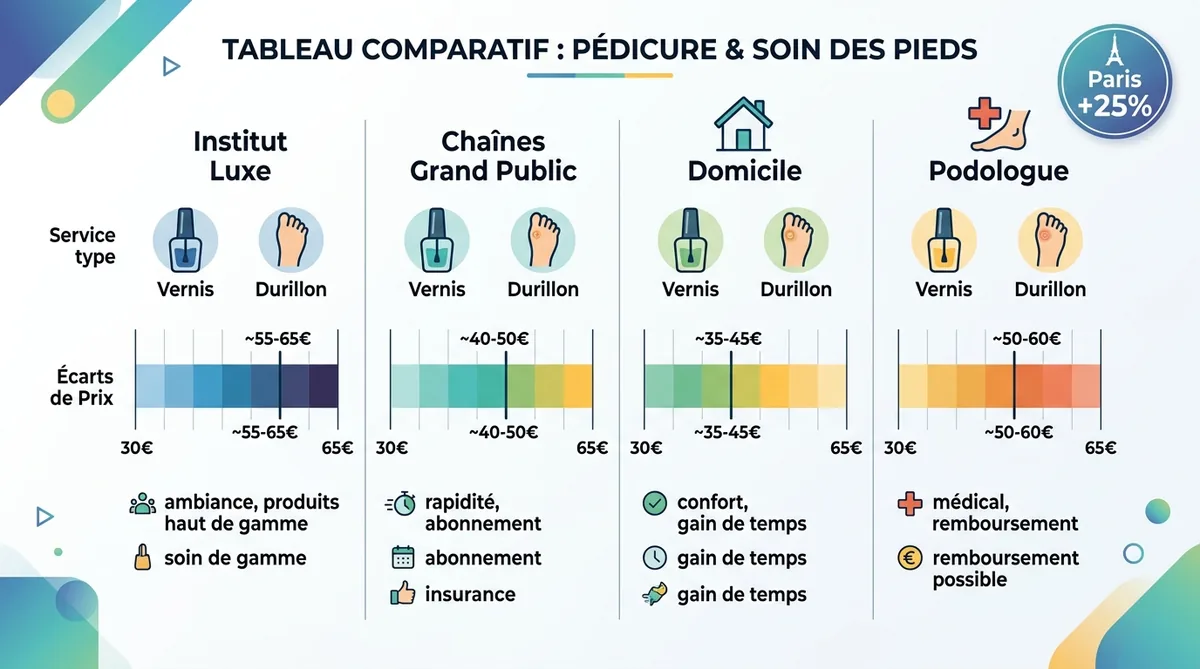 Tableau comparatif tarifs soin des pieds institut et domicile 2026