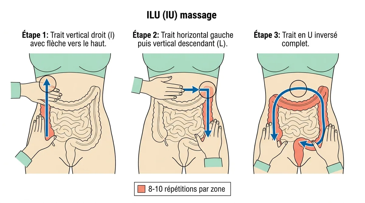Technique massage ventre I Love You ILU en trois étapes visuelles