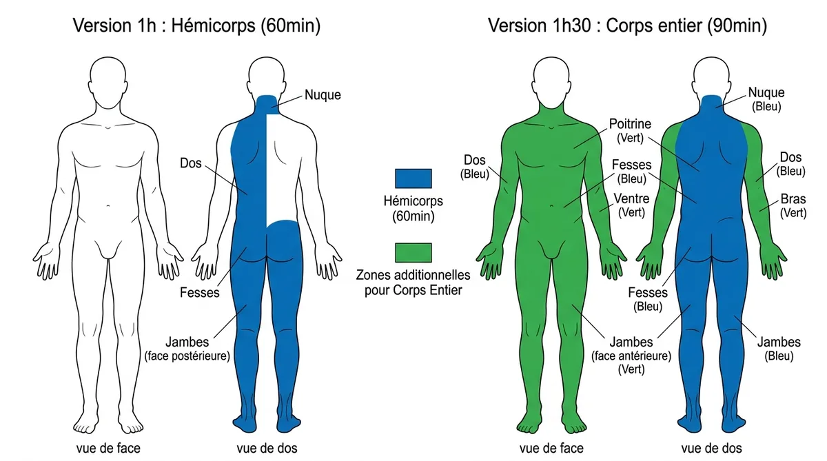 Zones du corps massées Lomi Lomi 1 heure versus 1h30 comparatif